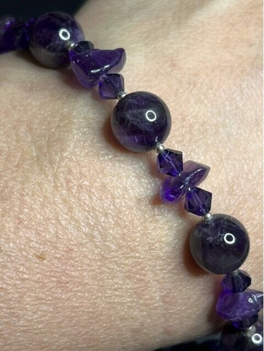 B6233 Amethyst Beaded Bracelet Sterling Silver Faceted Crystal Gemstone 8-10"